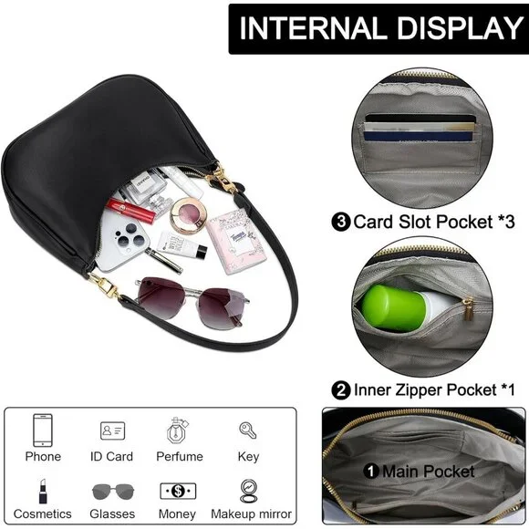 Women Black Polyurethane Leather Shoulder Bag and Handbags Underarm Purse Clutch - Picture 4 of 7